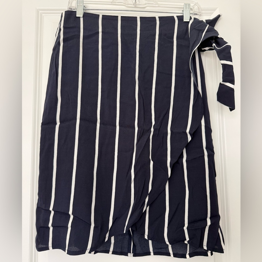 LOFT Navy & White Vertical Stripe Wrap Skirt with Side Tie